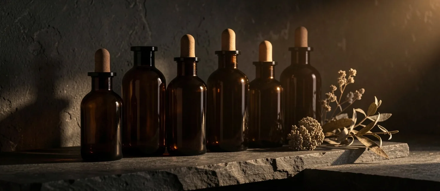 Apothecary bottles on stone shelf