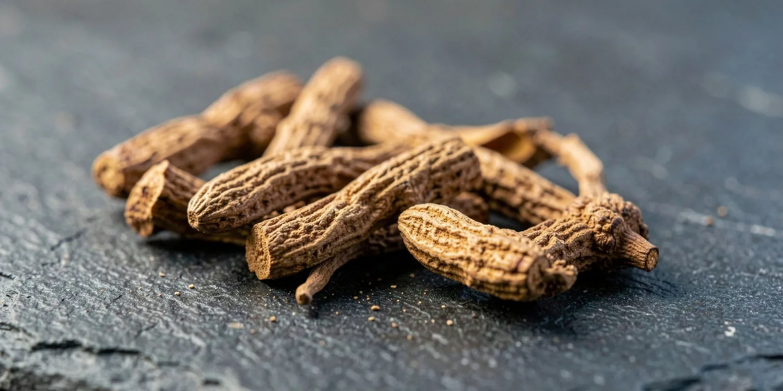 Dried ashwagandha roots arranged on stone