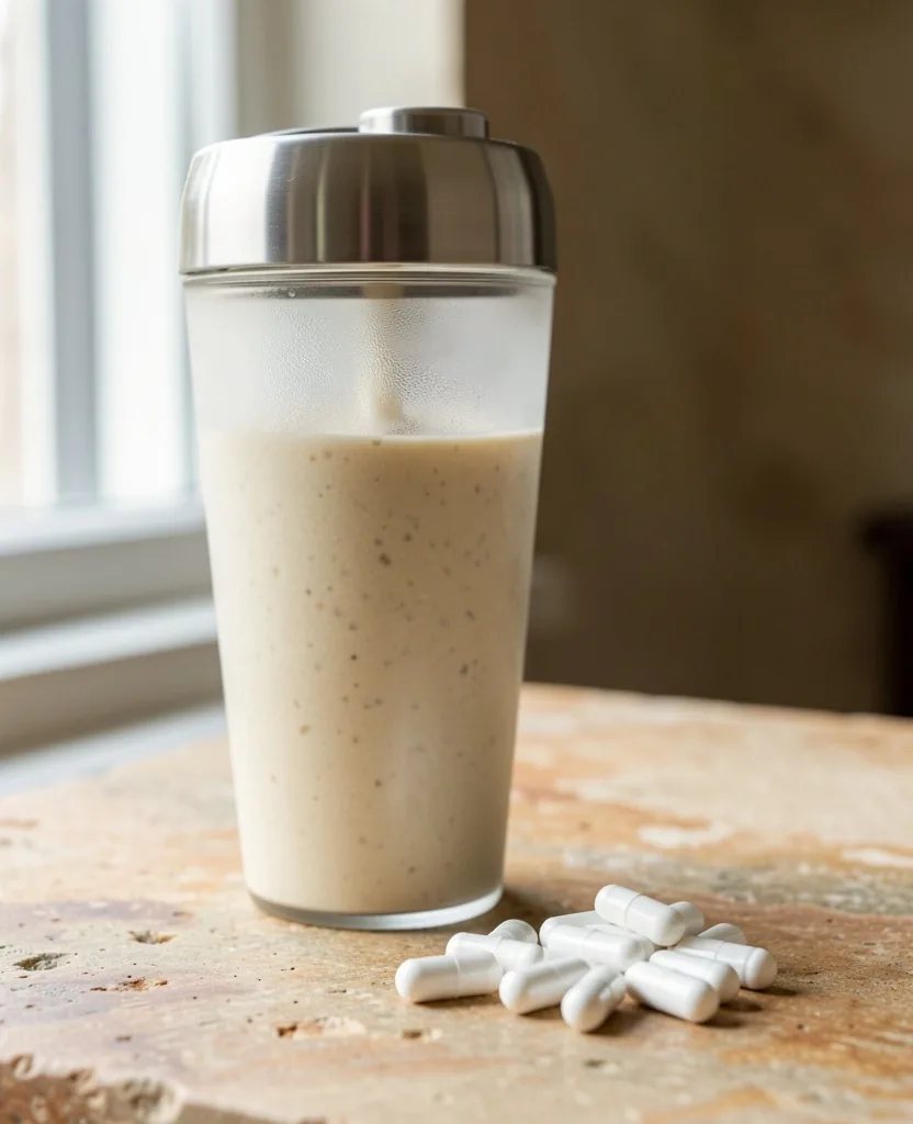 Protein smoothie and amino acid capsules on a stone surface