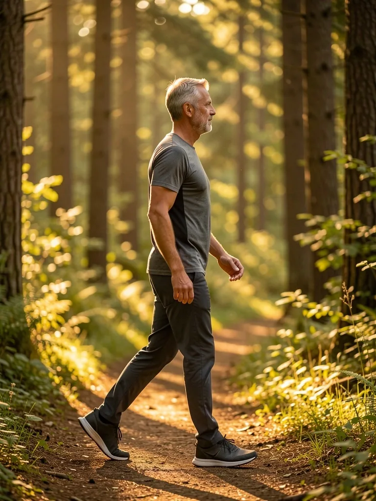 A mature man walking outdoors on a forest path at golden hour